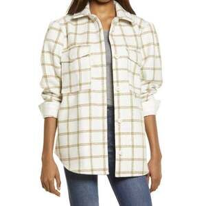 Treasure & Bond Women Ivory Plaid Casual Oversize Puff Sleeve Shacket Size XS